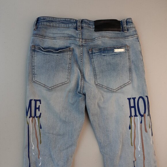 Homme + Femme Size 30 Letterman Drip Embroidered Distressed Denim Blue Jeans - Picture 5 of 11